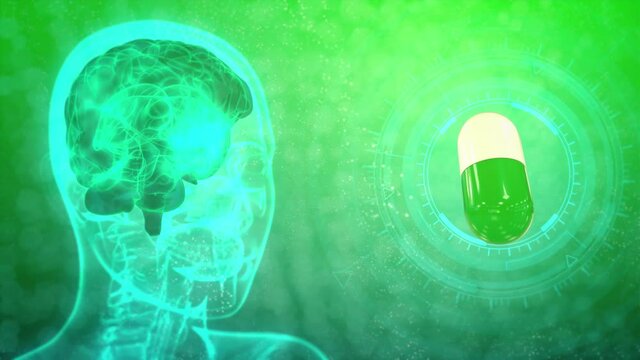 digital medical 4K 60 fps 3D animation - rontgen human head image with highlighted brain and medical tablet rotating, brain healing concept