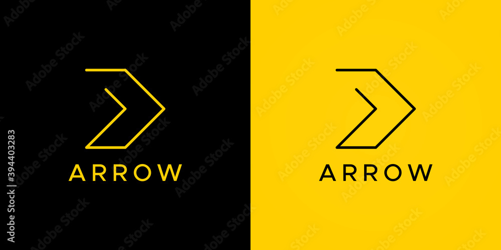 Aufkleber right arrow logo. black and yellow geometric arrow shape linear style isolated on double background.