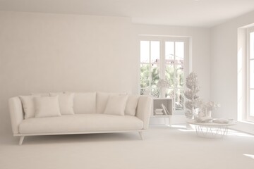 Fototapeta premium White minimalist living room with sofa. Scandinavian interior design. 3D illustration