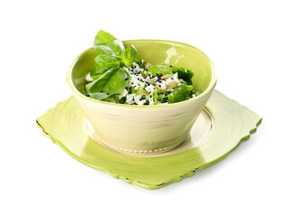 Bowl of delicious rice salad with vegetables on white background