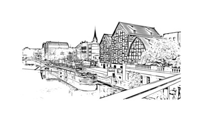 Building view with landmark of Bydgoszcz is a city in northern Poland. Hand drawn sketch illustration in vector. - obrazy, fototapety, plakaty