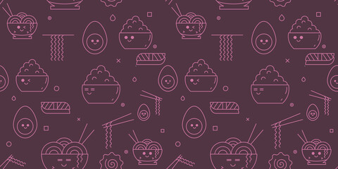 Dark Pink iconic seamless pattern with typical Japanese cuisine. Ramen, sushi salmon. Pastel beige background. Kawai, line art. Rice bowl. Noodle soup.