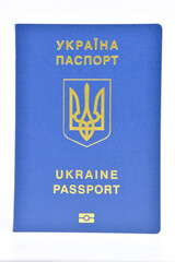 International passport of citizenship of Ukraine close up on a white background