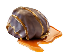 Chocolate candie covered with caramel sauce isolated on white background. Toffee caramel sweet bonbon close-up