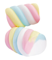 Marshmallow candy isolated on white background. Close-up of rainbow coloured Marshmallows chewy treats closeup