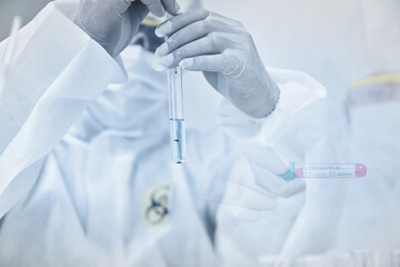 Research and develop for vaccine of covid19 by blood drop test on liquid tube and scientist show...