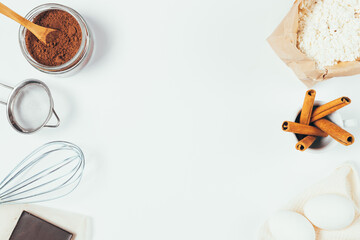 Flat lay bakery ingredients for chocolate cake