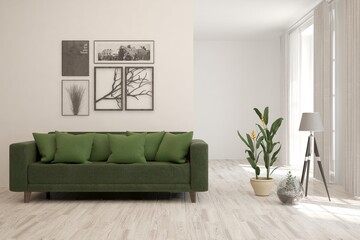 White living room with green sofa. Scandinavian interior design. 3D illustration