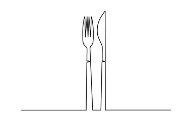 Continuous one line drawing. restaurant logo. knife, fork and spoon. Drawing by hand on a sign or business cards in a cafe. Black and white vector illustration. Fork and knife continuous line vector