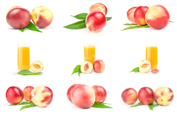 Collection of beautiful ripe peaches on a background