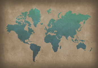 World map. Painting in blue color on the wall. 3D rendering