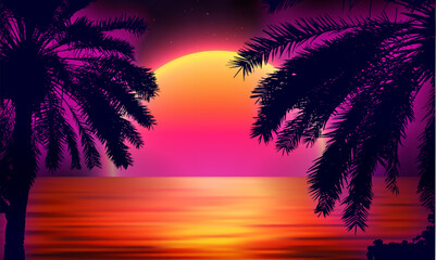 Fototapeta premium 3d sunset on the beach. Retro palms vector sci fi background with ocean. Sun reflection in water. Futuristic landscape 1980s style. Digital landscape cyber surface. 80s party background.