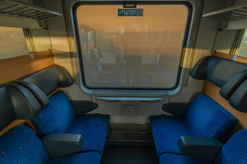 Fototapeta premium Blue seat compartment in fast expres train in Czech republic
