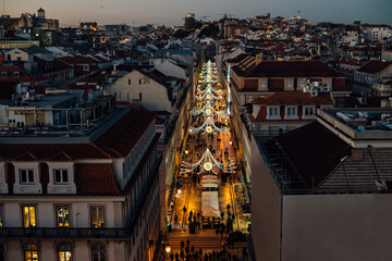 High angle view from above to Rua Augusta street in Lisbon at night illuminated during Christmas time