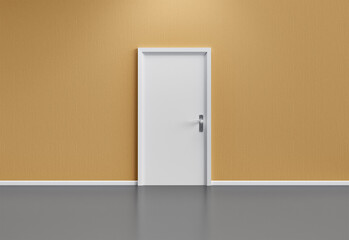 Beige wall with closed white door and shiny floor