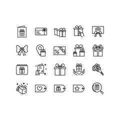 Set of gift box icons, such as Gift box, present, package, price tag, gift card. Vector outline stroke symbols for christmas, New Year surprise design.  Editable Stroke