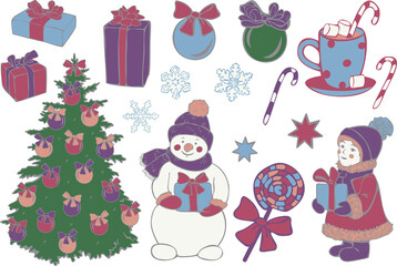 Big vector set of Christmas objects. Gift boxes, Christmas tree, decorations, snowman, kid, candies, snowflakes and stars. Xmas icons collection.