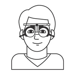 Man vision checkup in ophthalmological clinic. Optometrist checking adult eyesight with spectacles medical equipment. Glasses lens selection. Outline illustration on white background