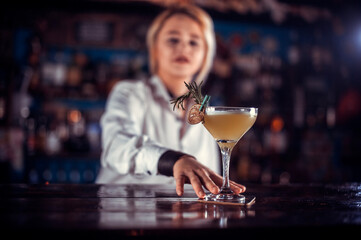 Girl barman concocts a cocktail on the saloon