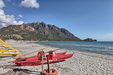 Panoramic view of Foxi Manna beach in Tertenia. Sardinia, Italy
