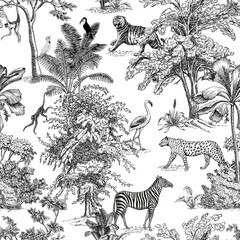 Toile tropical animals, palms tree, vintage graphic seamless pattern. Zebra, leopard, flamingo, toucan, monkey botanical jungle. 