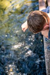 Naklejka premium Child feeding Trout at the D.C. Booth Historic National Fish Hatchery in Spearfish, South Dakota, USA