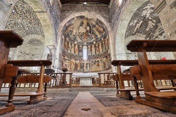 Interior of the Basilica of the Holy Trinity of Saccargia. Codrongianos, Sardinia, Italy