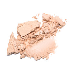 A sample of face powder in white. Beige round cracked powder palette. Decorative cosmetic product