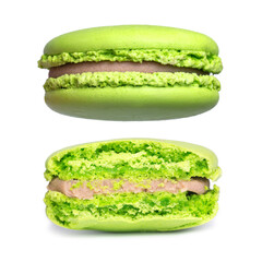 French macaroon cookies isolated on white background. Whole and bitten biscuits.