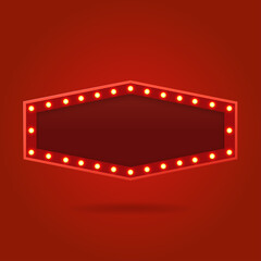 Retro light bulb or light vintage signboard on red background. Vector illustration