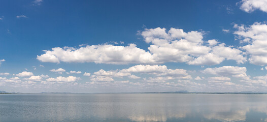 Blue sky and white clouds and river. Nature weather. Panoramic view_1