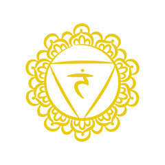 Manipura sketch icon. The third sun chakra. Vector yellow line symbol. Sacral sign. Meditation