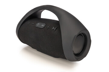 Portable Wireless Speaker Isolated. Black Boom Box. Side view
