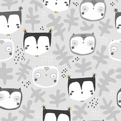 Seamless childish owl pattern. Creative kids forest texture.Perfect for fabric,textile. Vector background
