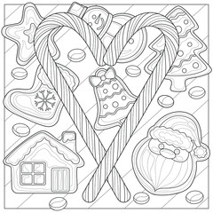 Christmas candies and gingerbread.Coloring book antistress for children and adults.Zen-tangle style.Black and white drawing
