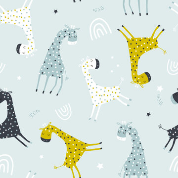Seamless childish pattern with colorful giraffes on light blue. Perfect for fabric,textile. Creative Vector background