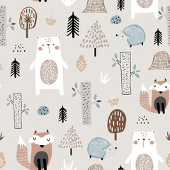Seamless childish pattern with cute bear, fox, hedgehogs in the wood. Creative kids scandinavian style texture for fabric, wrapping, textile, wallpaper, apparel. Vector illustration