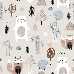 Foto op Plexiglas Vos Naadloos kinderachtig patroon met schattige beer, vos, egels in het bos. Creatieve kinderen Scandinavische stijl textuur voor stof, verpakking, textiel, behang, kleding. vector illustratie