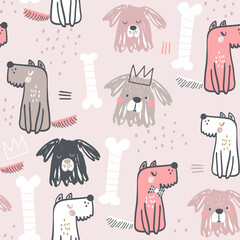 Seamless childish pattern with creative cute dogs girl. Trendy kids forest .Perfect for fabric,textile. Vector background