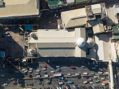 Quiapo, Metro manila, Philippines - Top view of Quiapo Church, with Quezon Boulevard at the bottom of picture.