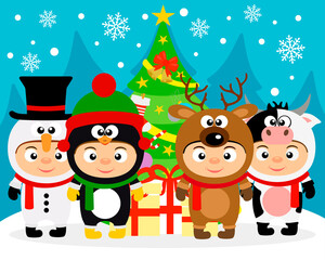 New Year poster, banner with Christmas tree and kids in New Year costume. Vector illustration