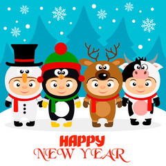 Happy New Year poster, banner with kids in christmas costume. Vector illustration