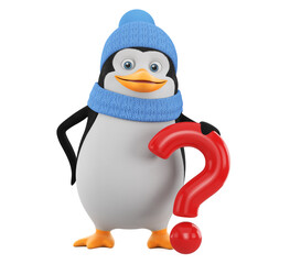 Cartoon character penguin in winter clothes holding a question mark on a white background. 3d render illustration.