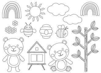 Bear bees honey black and white coloring vector illustration