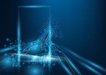 Futuristic smart  blue neon microchip with data exchange and collection concept that can use to present quantum computer, data center or upcoming technology. Vector Illustration.