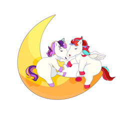 Love between Cute Unicorn and Lovely Pegasus on the Crescent Moon, Vector Unicorn and Pegasus in Cartoon style, concept of Love, Valentine-s Day, Magical horses and Fairytales.