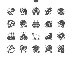 Sport equipment. Active lifestyle, sports. Soccer ball, volleyball, skates, motorcycle helmet, goggles, shuttlecock and badminton rackets. Vector Solid Icons. Simple Pictogram