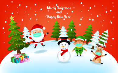 Fototapeta na wymiar Merry Christmas and Happy new year with socail distancing. Happy Christmas companions with Santa Claus and Elf and Riandeer and snowman of vector.
