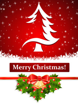Weihnachtskarte mit Tannenbaum, Immergrün, Glocken, Schleife und Schnee