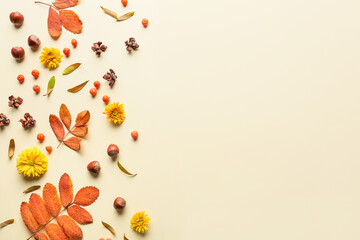 Composition with bright autumn leaves on color background